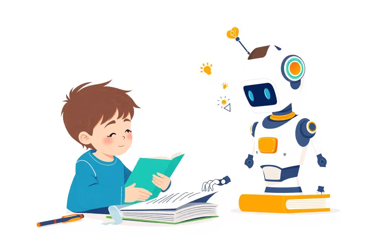 Illustratie van een kind dat huiswerk maakt terwijl een robot ideeën aanreikt
