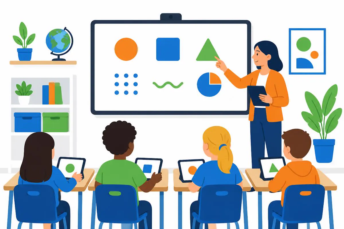 Illustratie van een klas met een digibord vol AI-iconen en een leerkracht die uitleg geeft