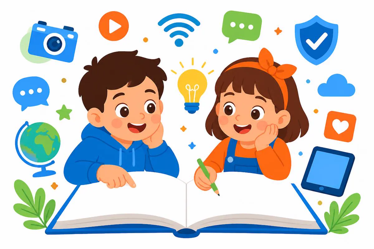 Illustratie van kinderen bij een boek met iconen voor mediawijsheid en digitale vaardigheden